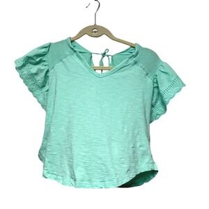 Thread & Clover Mint Green Eyelet Flutter Sleeve V-Neck Top XS Cottagecore Boho